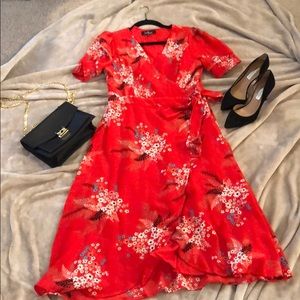 Lulus red floral midi wrap dress